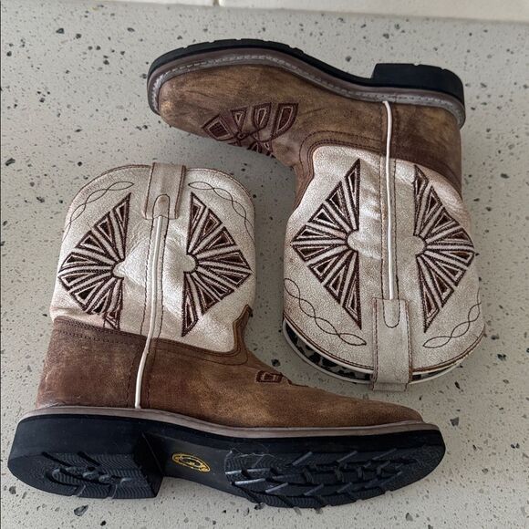 Dan Post Youth Cream and Brown Leather Western Boots Pull On Children’s Size 2 D - Picture 5 of 12